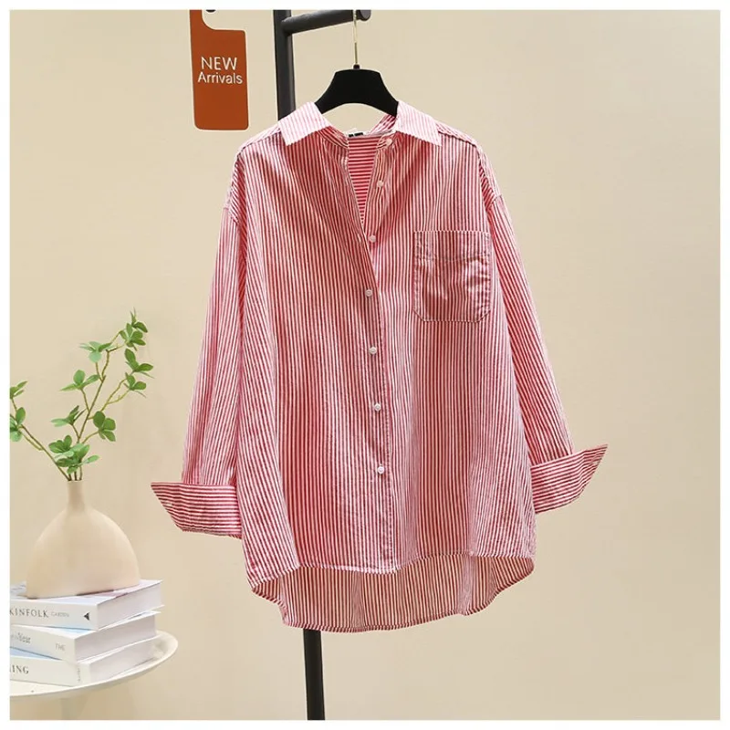 SuperAen Casual Pink Striped Shirts Women New Summer Korean Style Long-sleeved Loose Mid-length Cardigan Tops