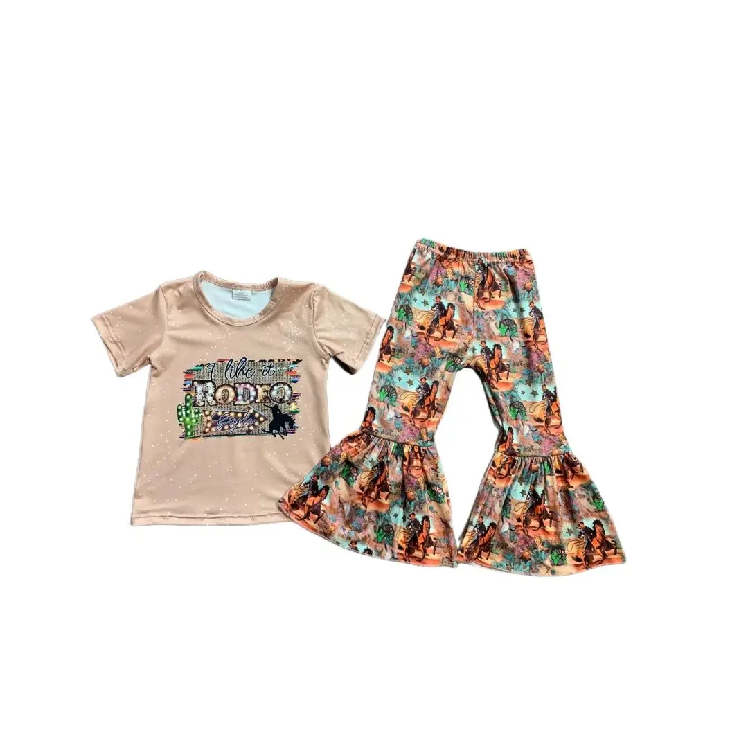 Lovely Kids Girls 2pcs Clothes Sets Letter Printed Short Sleeve T Shirts+Cow High Waist Bell Pants