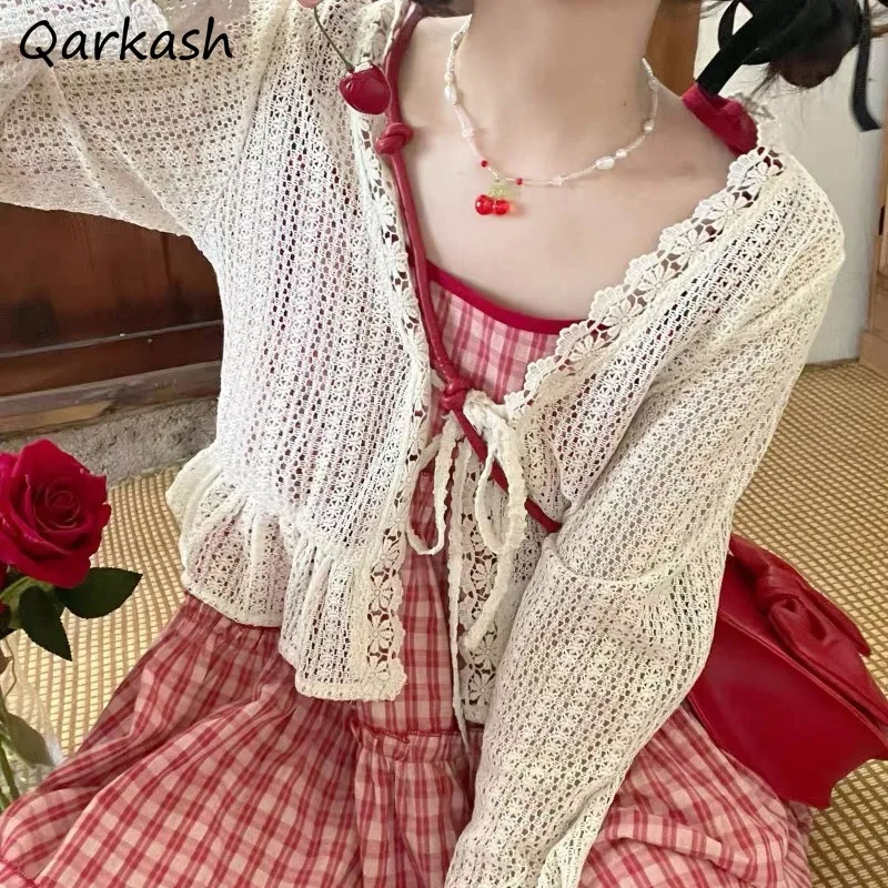Jackets Women Solid Lace Spliced Hollow Out Loose Fit Japanese Style Sweet Cute Girls All-match Trendy Sun-proof Summer Tops
