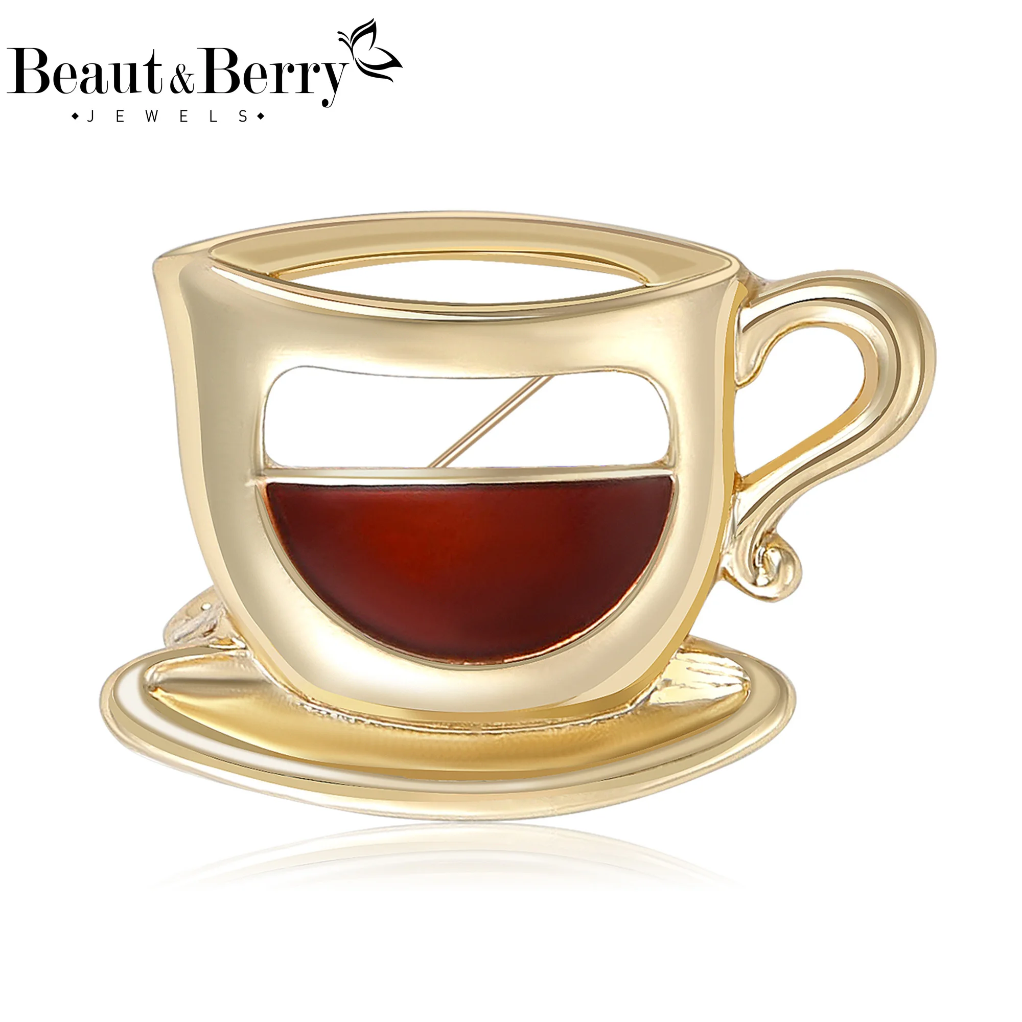 Beaut&Berry Luxury Enamel Coffee Cup Brooches for Women Unisex Creative Pin Casual Party Accessories Gifts Friends