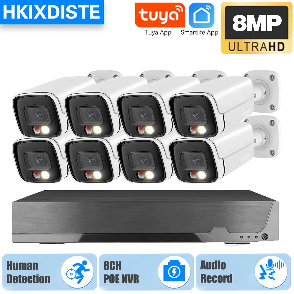 

8MP Smartlife Home 4K 8CH Tuya POE Security IP Camerae System Обнаружение человека Система видеонаблюдения AI P2P Комплект видеонаблюдения