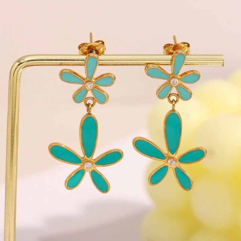 PRISCA | Mint Green Floral Earring Stainless Steel Women 18k Gold Chic Jewelry France Hot Sale New Fashion 2026