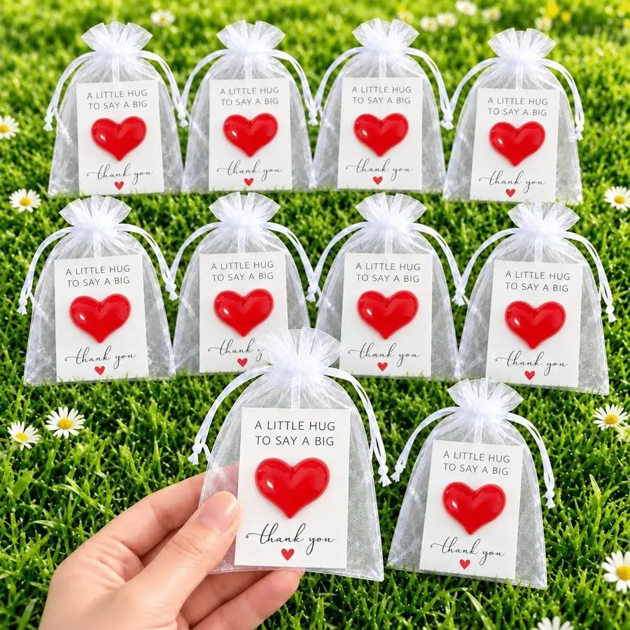1/5/10/20/50/100pcs Christmas Party Set with Red Hearts and Thank-You Cards, 30 pieces (10 Red Hearts, 10 Cards, and 10 Mesh Bag