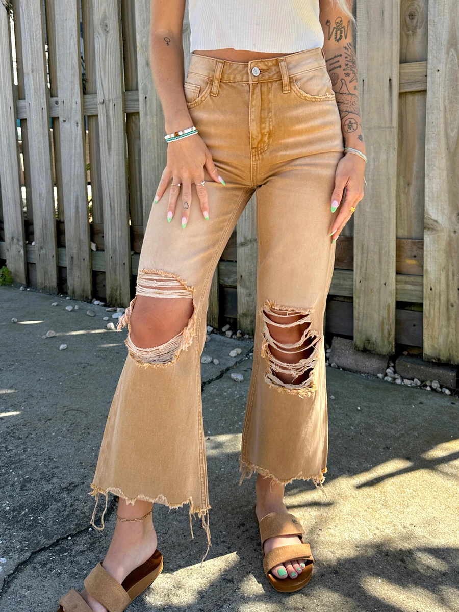 Women Retro Ripped Jeans Solid Color High Waist Distressed Flared Denim Pants Casual Frayed Wide Leg Trousers Streetwear