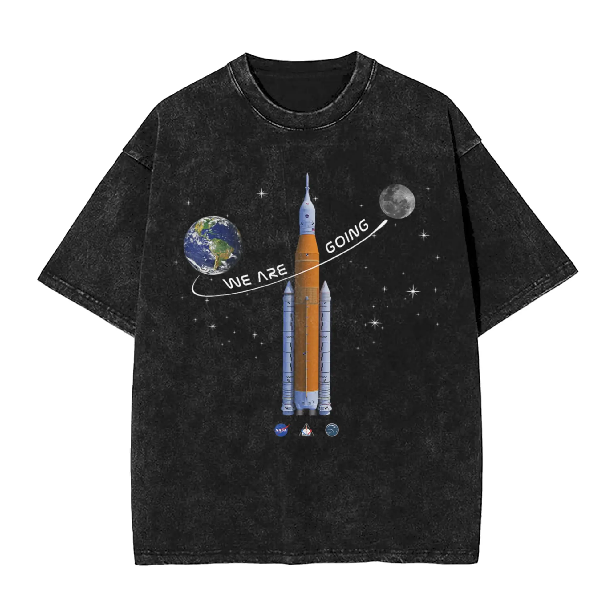 Artemis we are Going Moon SLS Worm Insignia Washed T Shirt Streetwear T-Shirt Tee Shirt for Men Women 100% Cotton Street Summer