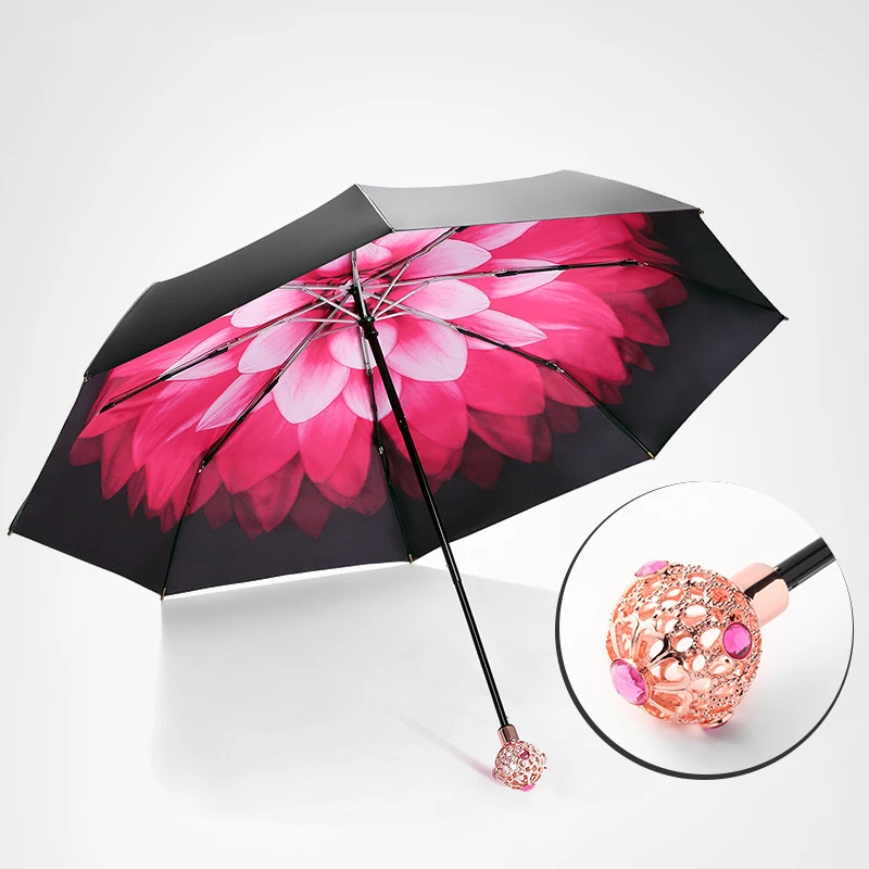 1pcs Vintage High-grade Gift Box Red Women Manual Folding Umbrella Thickened Black Rubber Coating Three-folding Sun Umbrella