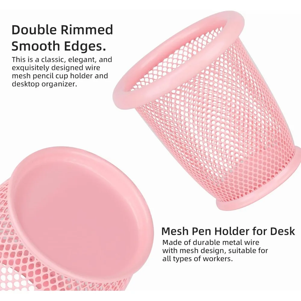 4 pink pen holders, mesh pen holders, pens for desktop office storage, metal pen holders