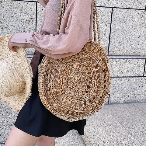 보헤미안 짚으로 짠 구매자 토트 여성 여행 비치 가방 여름 니트 겨드랑이 숄더 백 수제 Wovne Hollow 핸드백