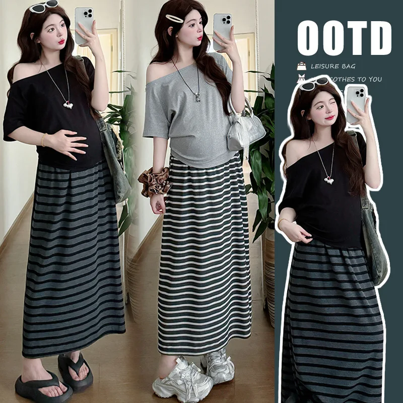 

2025 Summer Maternity Set: Off-Shoulder Tee + Flowy Skirt - Trendy Two-Piece Pregnancy Outfit for Stylish Expecting Moms