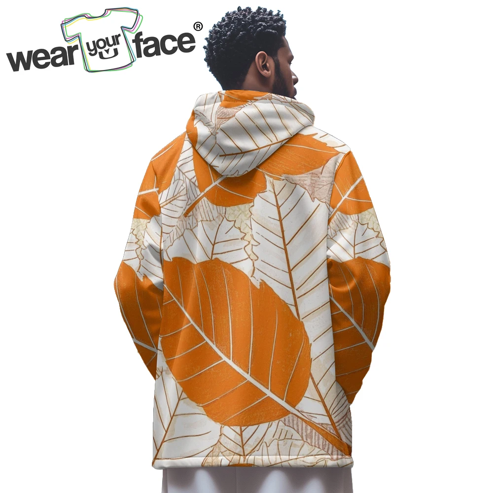 Unisex Soft Fleece Hooded Jackets with Colorful Gradient Leaf Patterns Cozy Mid-Length Zip-Up Coat for Fall and Winter Outerwear