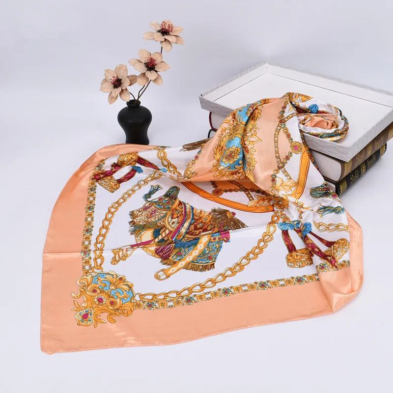 Luxus Seide Schal Quadrat Schal Frauen Drucken Stirnband Foulard Satin Hijab Haar Bands Halstuch Weibliche Kopf Wraps Bandana 90 cm – Detail 10