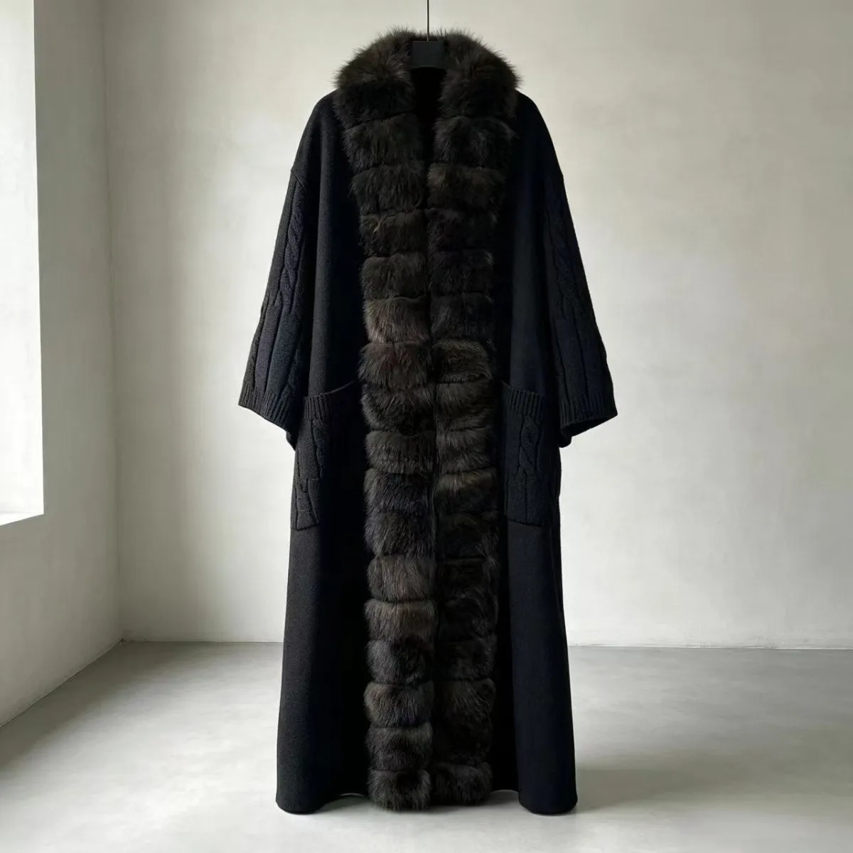 New Luxury Winter Real Natural Fox Fur Collar Woolen Blends Knit Long Overcoats Women Loose Warmth Cashmere Fur Jacket
