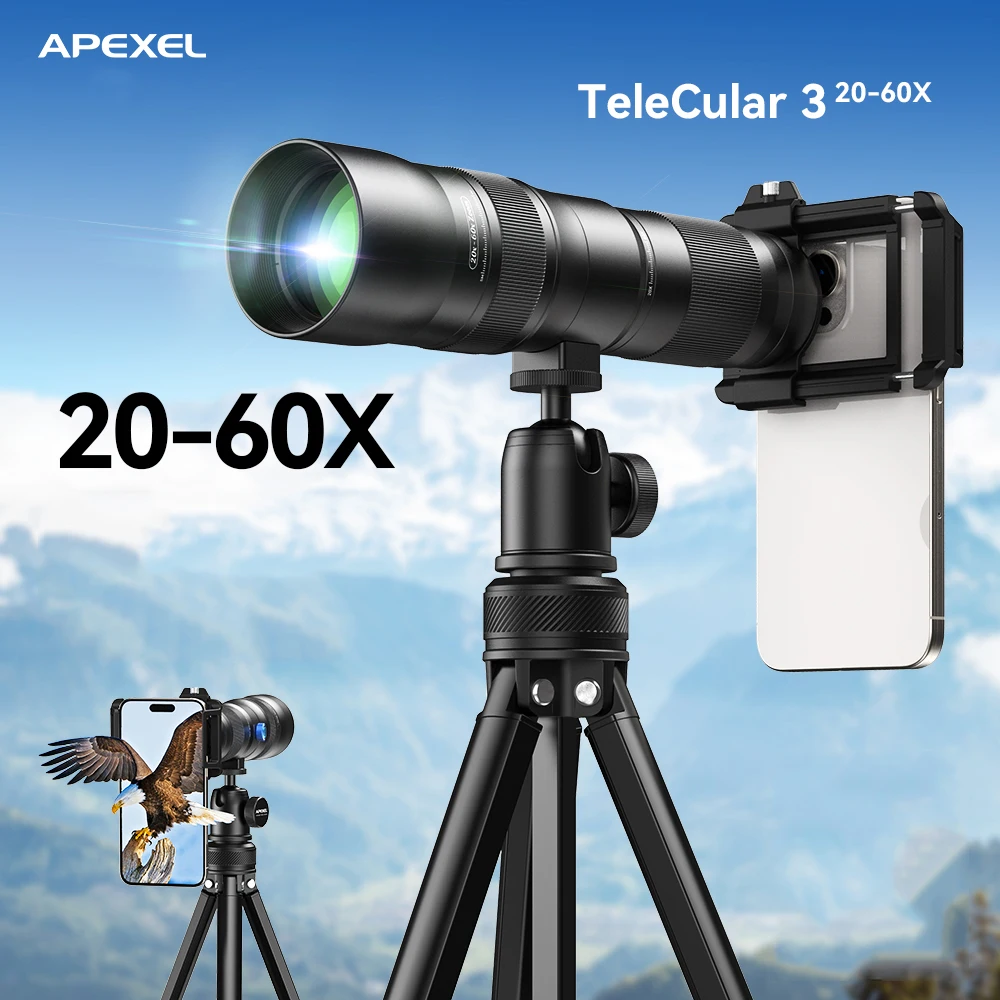 

APEXEL 20-60X Super Zoom Lens, Phone Telephoto Lens Kit, HD Phone Lens with 34.6-inch Tripod, Phone Camera Photography Accessory