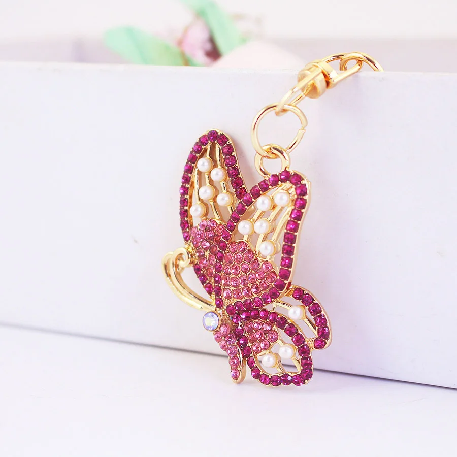 

Cute rhinestone pearl butterfly car keychain ladies' handbag accessory pendant key chain