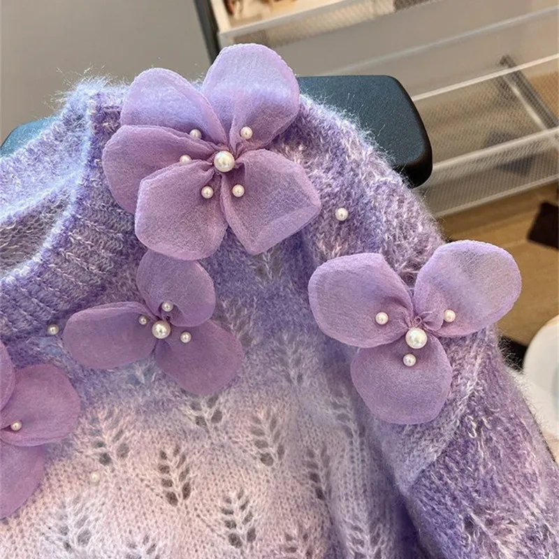 الحلو الزهور سترة المرأة الوردي مطرز الجوف خارج فضفاض س الرقبة محبوك لاعبا موضة ربيع الخريف بأكمام طويلة كسول جميلة #4