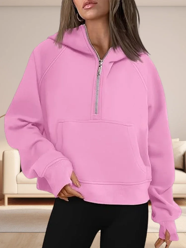 2024 Herbst Stand Kragen halben Reiß verschluss Frauen Sweatshirt verdicken Langarm Kapuzen Taschen weibliche Pullover lose Fitness Frau Hoodies