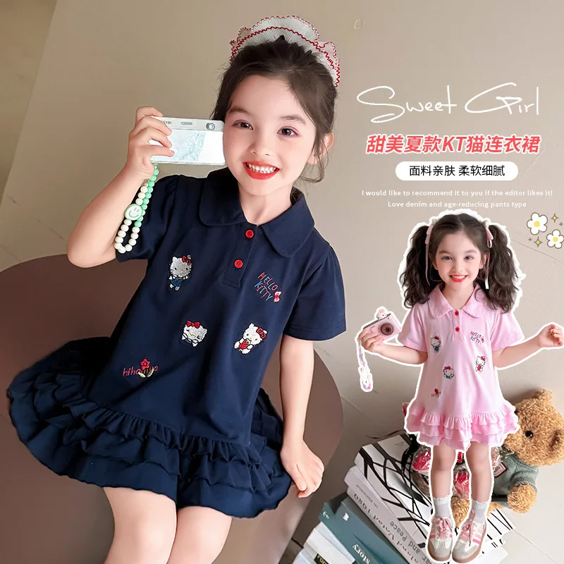 

Kawaii Hello Kitty Girls Cartoon Embroidered Polo Skirt Summer Anime Sanrio Girly Heart Cute Casual Cake Skirt Girls Gift