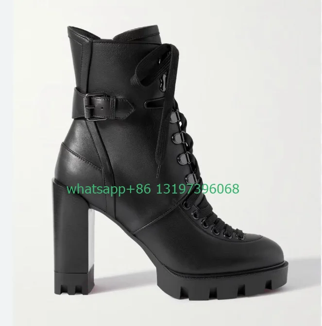 Lady buckle strap causal lace-up ankle boots platform office new arrive runway shoes high heels boots black PU party boots size