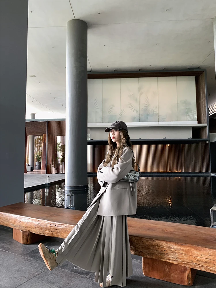 High-IQ Minimalist Tailored Suit Heavy Embellished Pleated Half Skirt Set by Xiao Jun Jun Brand Commute Style Long Sleeve One...