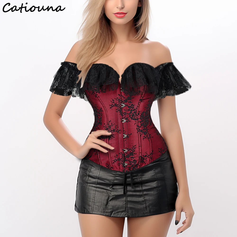 Sexy Corset Top Bustier Lingerie Women with Short Sleeves Renaissance Plus Size Lace Floral Costumes Black White Red Blue