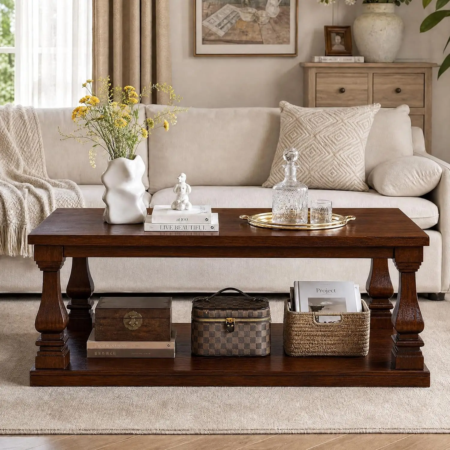 Rectangle Farmhouse Coffee Table with Storage Shelf, Walnut, Customized