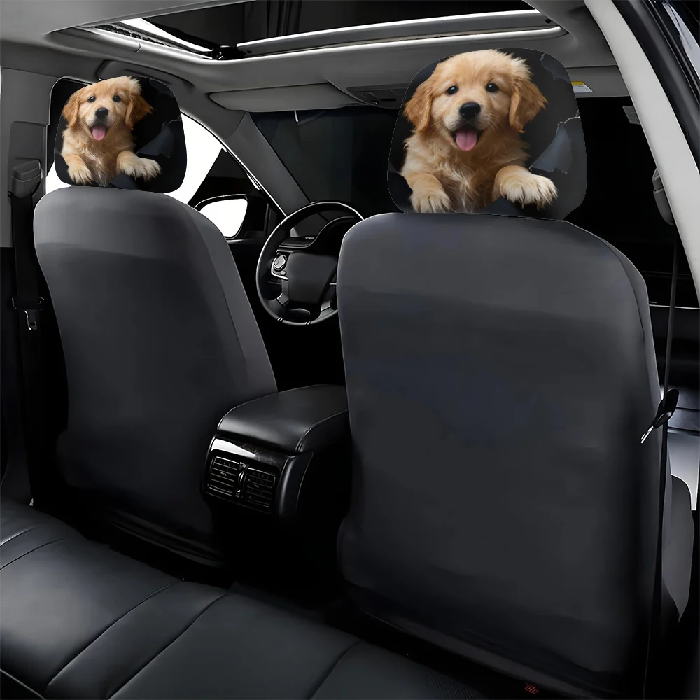 2pcs, Cute Golden Retriever Puppy PrintedCar Headrest Covers Interior Decoration Elastic Design Universally Fitting Installation