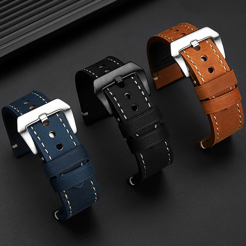 Cowhide leather watch strap 22 24 26 Retro style waterproof black blue brown beige line watchband For Panerai LUMINOR PAM111 441