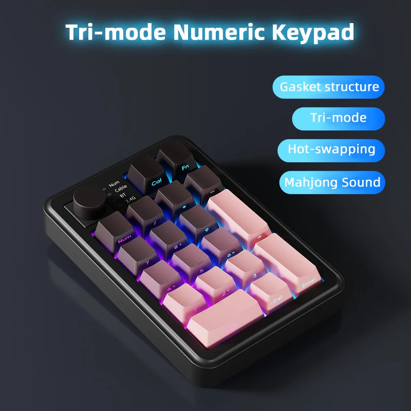 

Трехрежимная цифровая клавиатура Перезаряжаемая прокладка Структура RGB Световой эффект Маджонг Звук Мультимедийная ручка Горячая замена Numpad