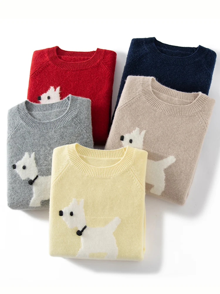 Meetc feminino novo 100% camisola de caxemira o pescoço bordado à mão filhote de cachorro pulôver outono inverno macio quente manga longa chiques topos