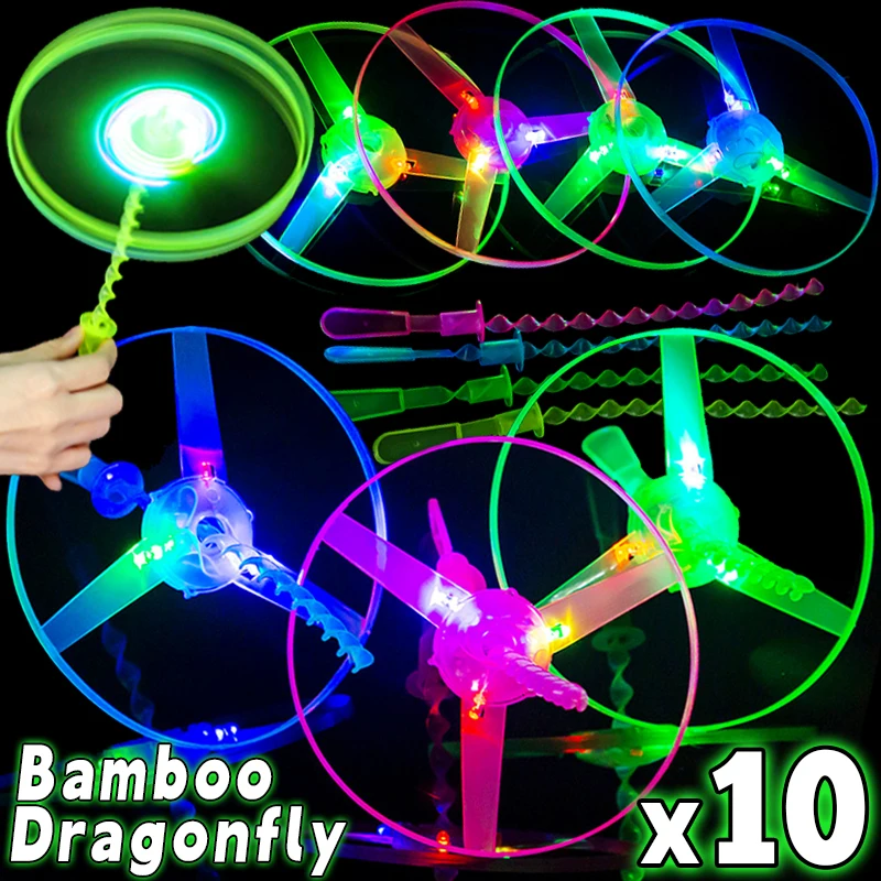 10/1 قطعة ألعاب اليعسوب الخيزران المضيئة LED الصحون الطائرة مع ضوء ليلة في الهواء الطلق لعبة طائرة للأطفال حفلة عيد ميلاد الدعائم هدية