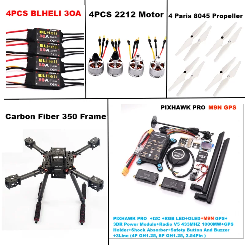 RctoSky คาร์บอนไฟเบอร์ 350 PIXHAWK PRO M9N KitFlight ควบคุม Ardupilot วิทยุ Telemetry Quadcopter BLHELI 30A 2212 มอเตอร์ ESC