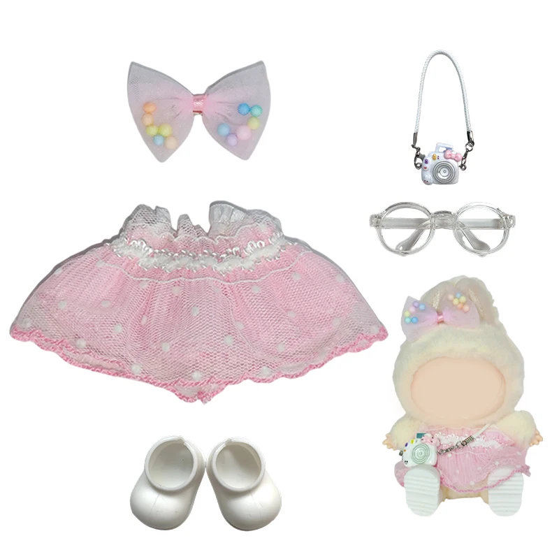 Accessoires de vêtements de mini poupée en peluche de 17 cm pour l'idole K-pop Labubu coréen – tenue jupe de princesse en tulle de soie avec nœud rose brillant
