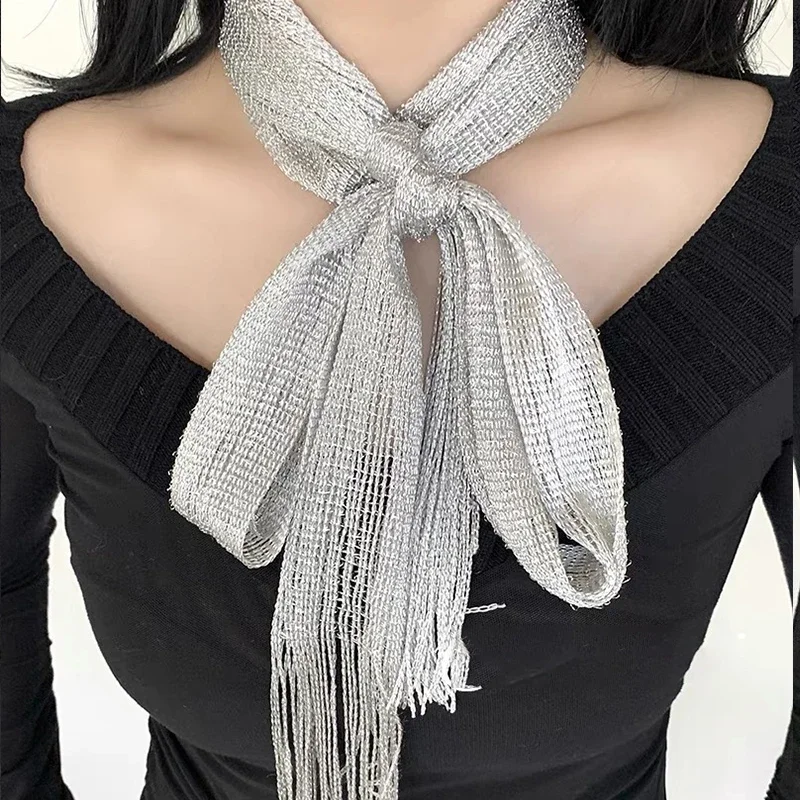 Korean Silver Silk Scarf Spring and Summer Y2k Silk Scarves Ribbon Ins Women Long Petite Muffler Scarf  Women Accessories