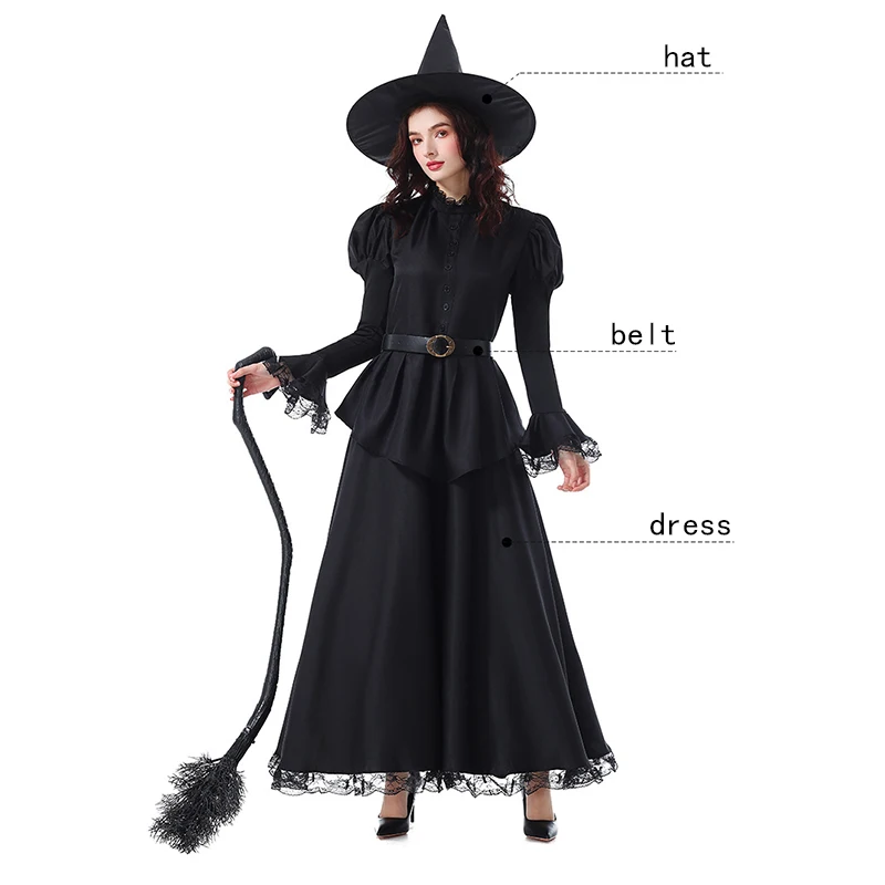 Costume de sorcière méchante pour femmes, robe évasée à manches bouffantes, tenue occidentale pour Cosplay effrayant et déguisement d'halloween avec chapeau de sorcière et ceinture