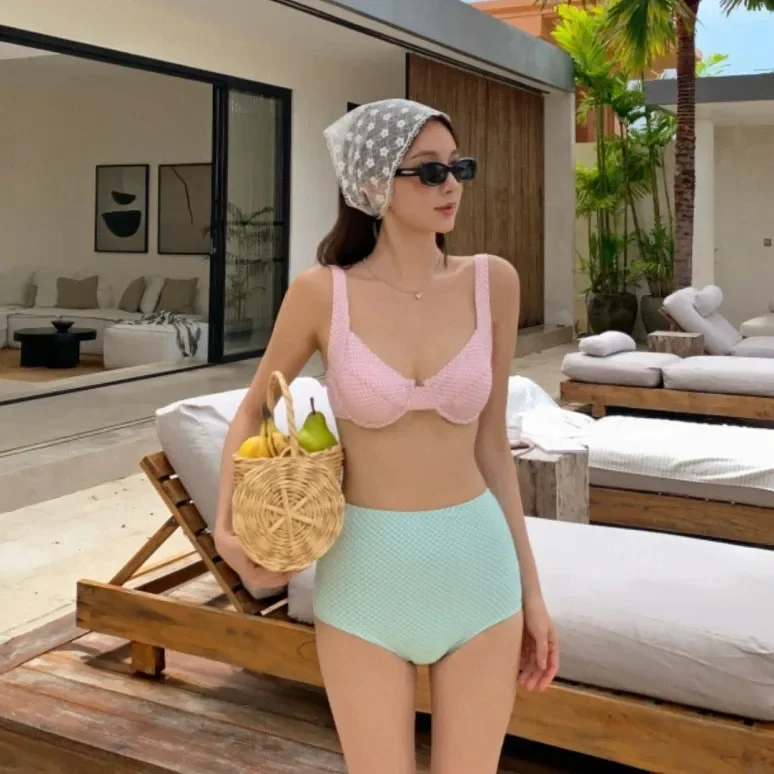 ملابس سباحة بيكيني نسائية عالية الخصر تغطي مثير Vacay Pure Desire عطلة الشاطئ قطعتين ملابس سباحة خيار الصدر الصغير