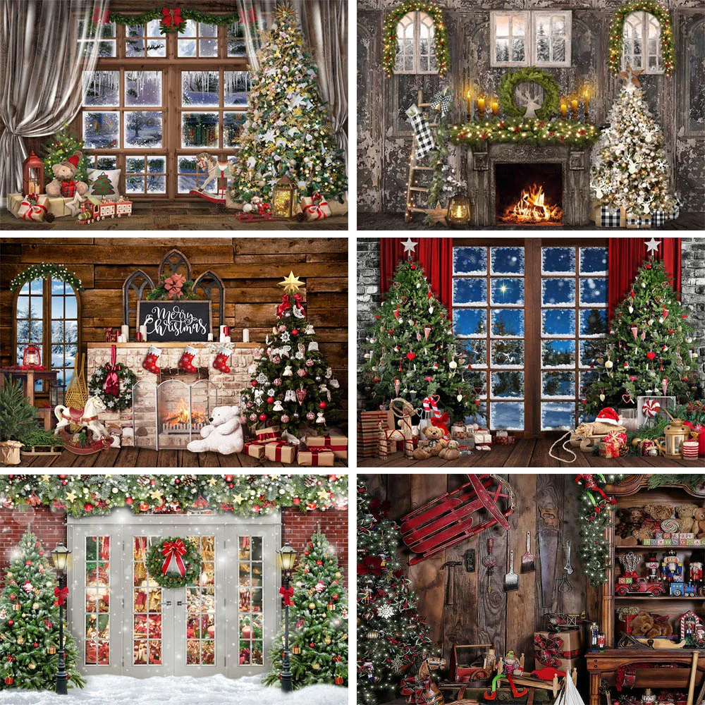 

Christmas Wood Board Fireplace Photography Backdrop Winter Xmas Trees Doll Bear Child Portrait Background Photo Studio Photocall