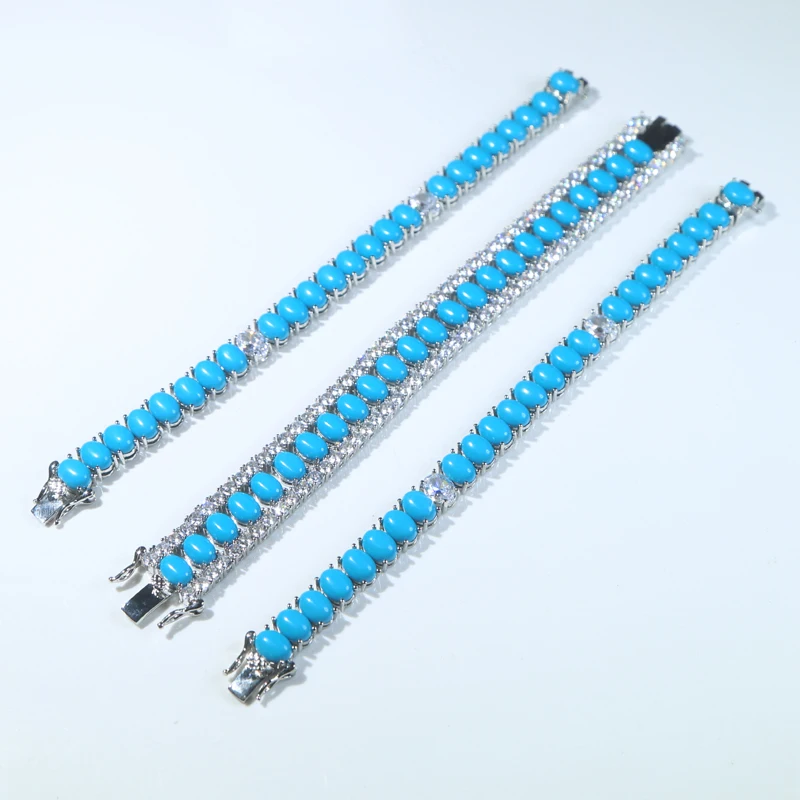 White Gold Plated Color Fashion High Quality Women Girl Jewelry Geometric Oval Shaped Blue Turquoises AAA CZ Tennis Bracelets