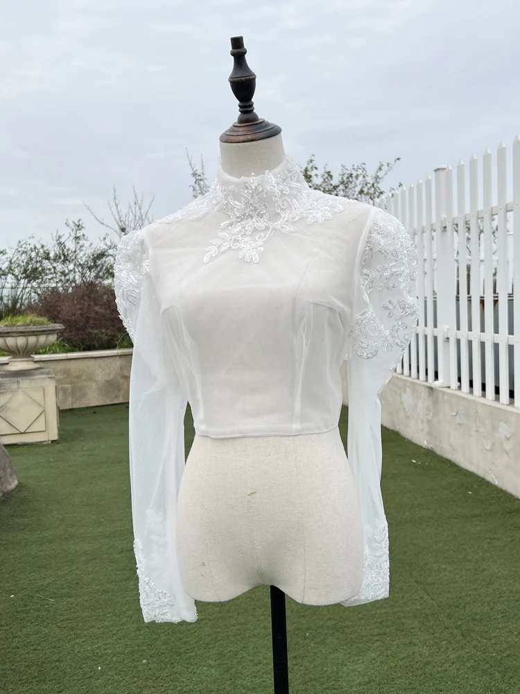 GOHYPDUG Custom Jackets Wraps Fashion High Neck Long Sleeve White Sheer Lace Wedding Top Jacket Bolero