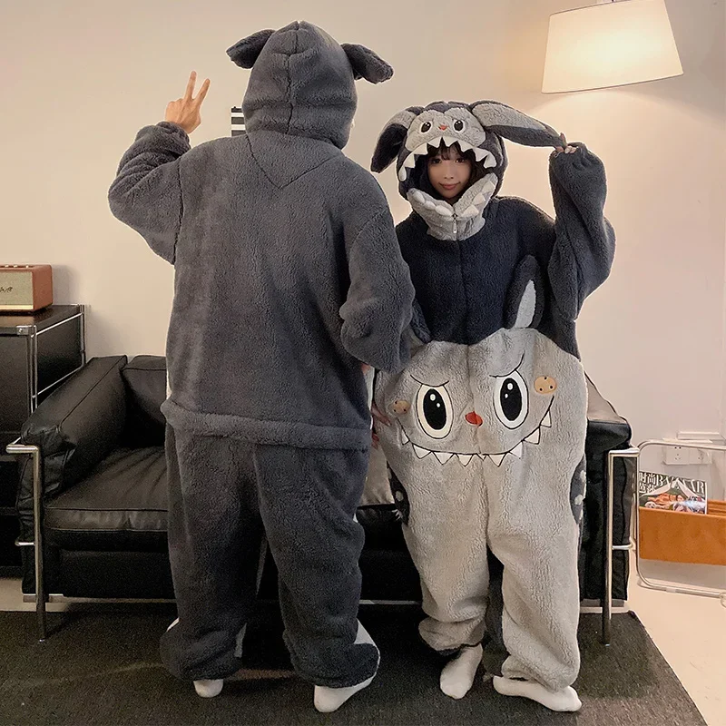 Winter Couple Women Pajamas Jumpsuits Men Coral Fleece Sleepwear Onesie Kigurumis Bunny Soft Warm Thicken Pyjamas Zipper Pijama