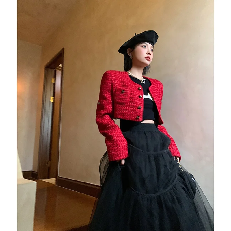 

2023 Spring And Autumn New Red Woolen Short Jacket Coat Women Korean Fashion Vintage Elegant Single-Breasted Crop Tops Outwear