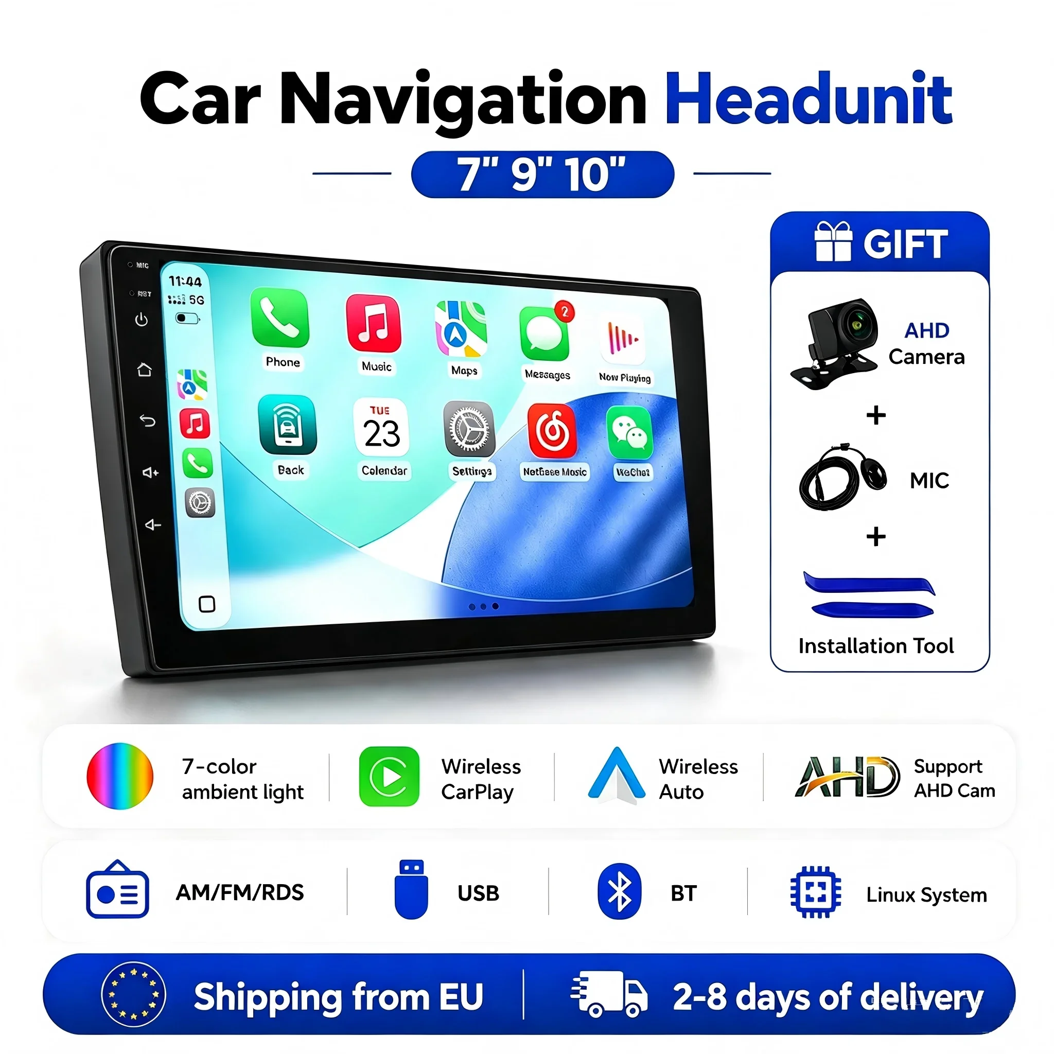 MEKEDE 7'' 9'' 10'' 2Din Lettore Multimediale per Auto con Carplay Wireless e Android Auto, Supporto Bluetooth, Telecamera Posteriore AHD, Controllo al Volante, MP5, WIFI, Plug and Play, Navigazione