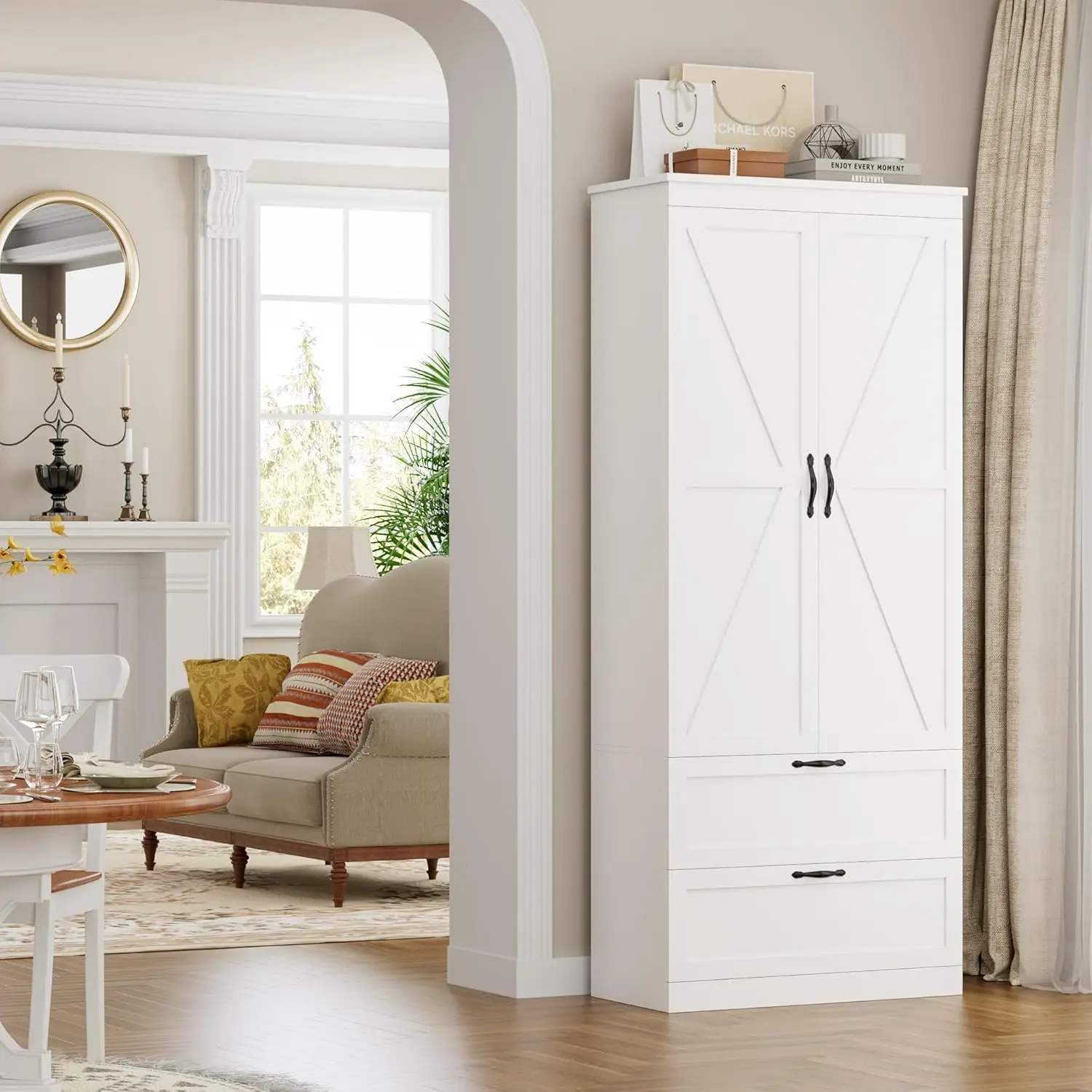 Tall Kitchen Pantry Storage Cabinet, Barn Doors Pantry Cabinet with Drawers and Adjustable Shelf,