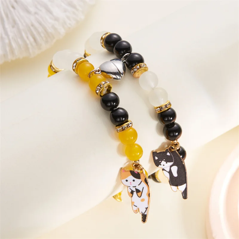 Passende magnetische Paar-Armbänder für Liebhaber, süßer Katzen-Anhänger, Freundschaftsschmuck, Naturstein-Perlen-Armreifen, Valentinstagsgeschenk – Detail 7
