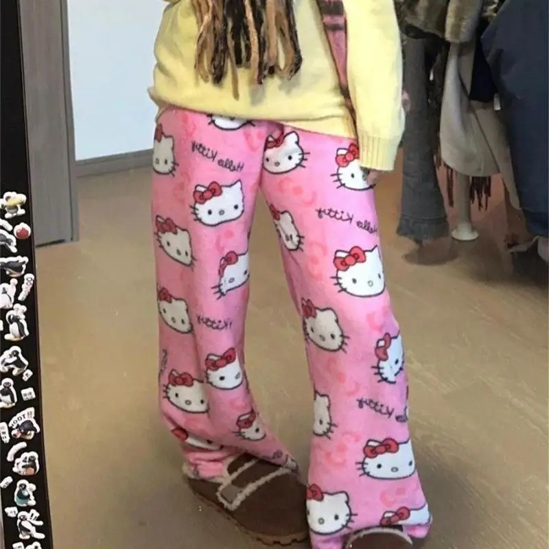 Sanrio 귀여운 파자마 바지 헬로 키티 산호 벨벳 워크 바지 고품질 여자 학생 패션 사계절 만화 따뜻한 집