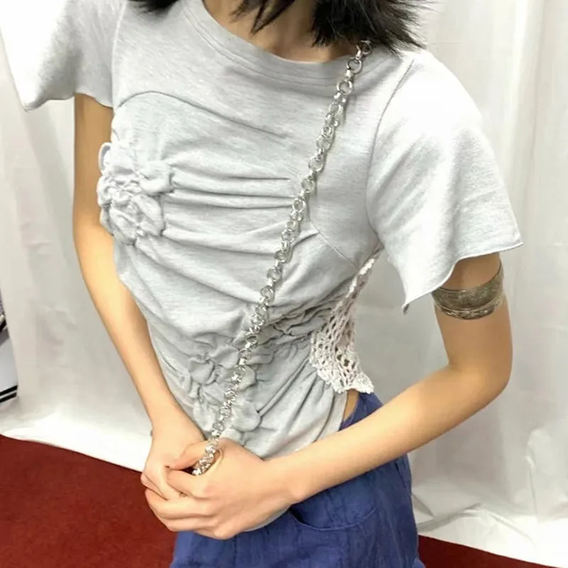 BPN Fashion Patchwork Lace T Shirts For Women Round Neck Short Sleeve Spliced Appliques Casual Slimming T Shirt Female Clothing