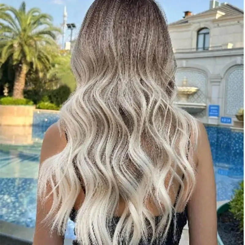 Perucas de renda frontal de onda longa para mulheres loura de cinza, peruca natural com franja, cabelo sintético macio, sem cola, peruca de renda suíça de qualidade superior