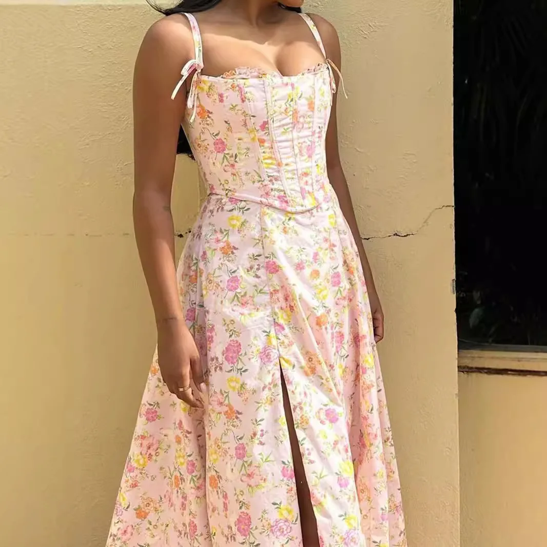 New Floral Print Suspenders Women Summer Fishbone Slit Mid-length Skirt Two-piece Printed Dress Women's Clothing