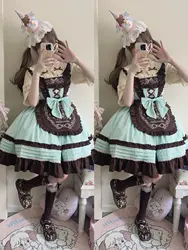 Japanese New Kawaii Mint chocolate Ruffles JSK Cute Bow Lace Dresse Sweet Lolita Style Soft Girl Women'S Summer Dress