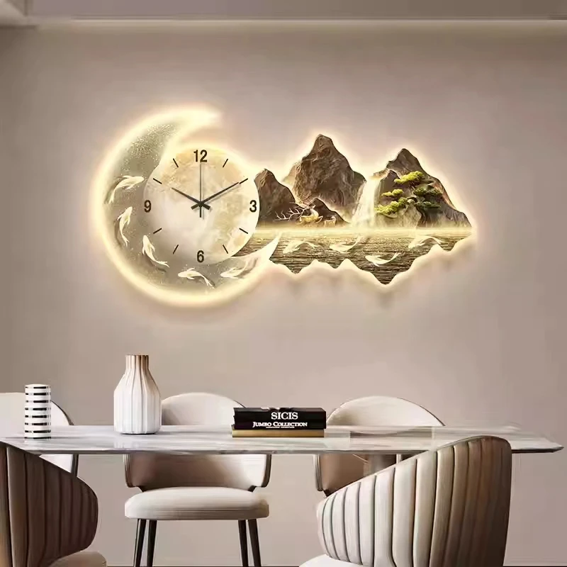 

Modern art decorative paintings, nine fish with clock and high-end feeling, corridor living room new Chinese mural lights