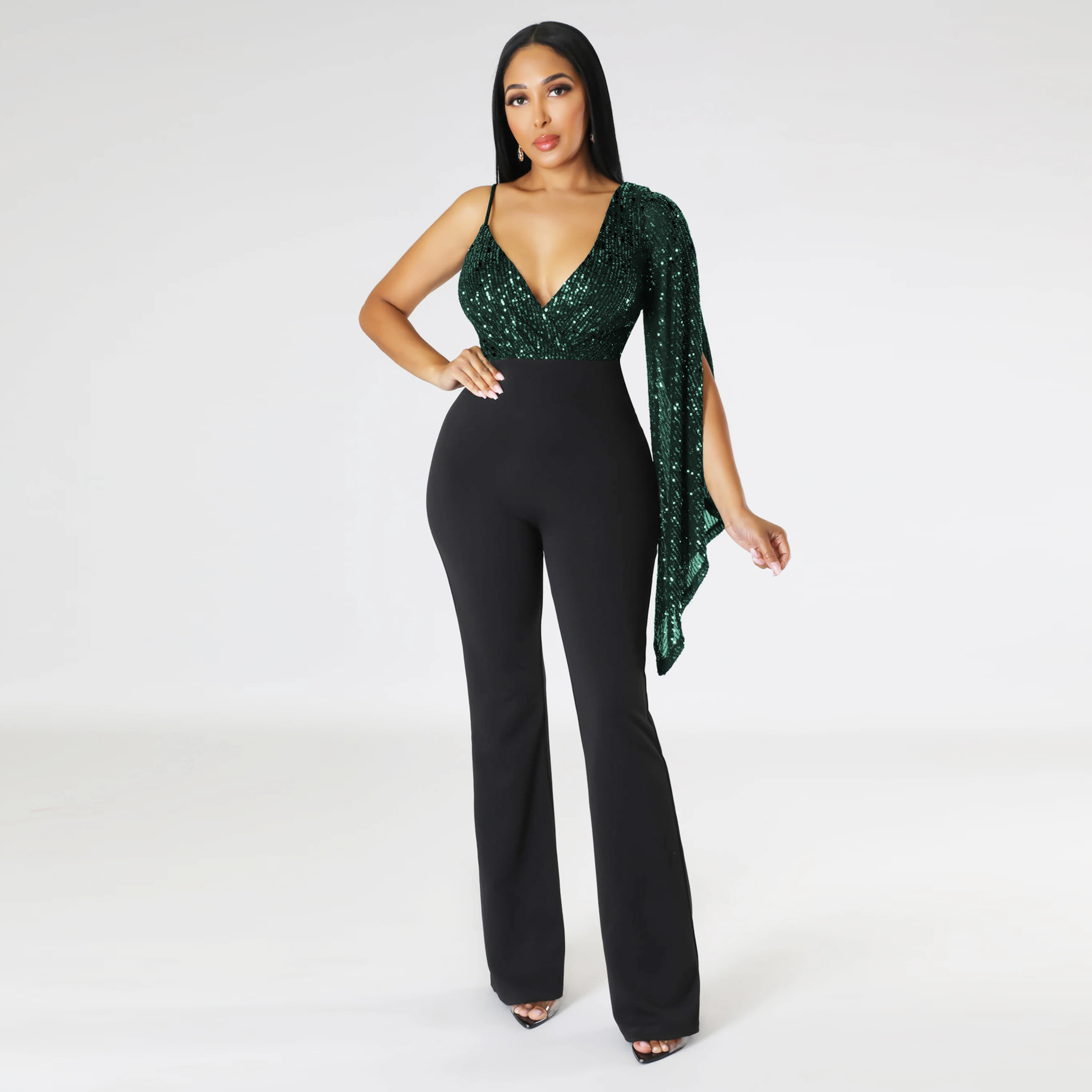 

European and American Amazon Foreign Trade New Style Long Pants Sequined V-Neck Tube Top One-Shoulder Flared Sleeve Cape Sexy Nightclub Jumpsuit
